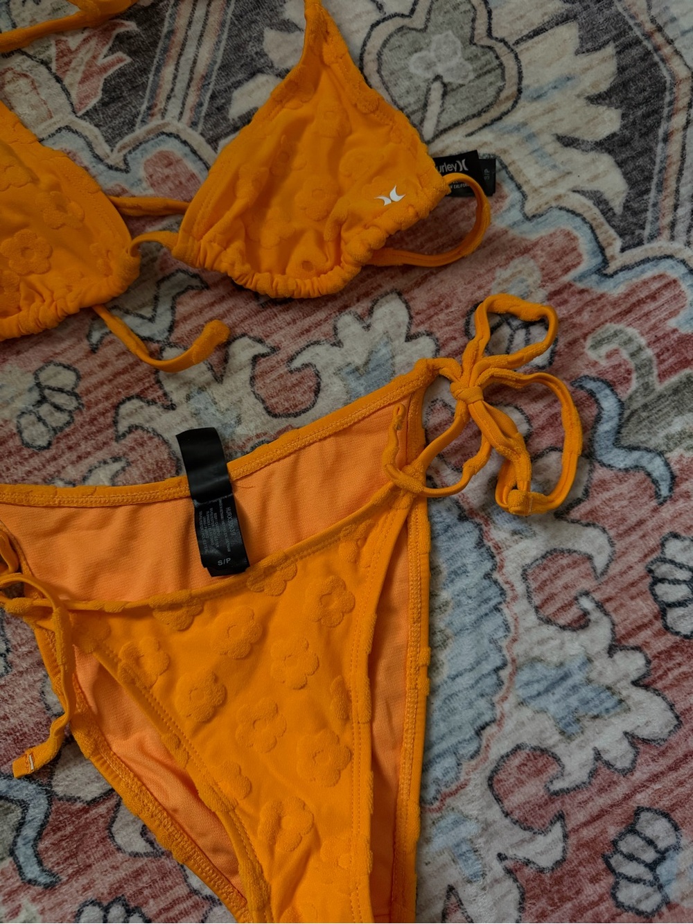 Hurley Orange Embossed Floral Tie Bikini Set